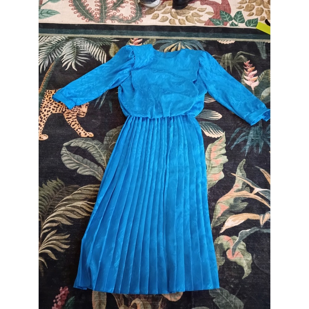 Vintage 80s Electric Blue Pleated Midi Dress Union Made USA Jacquard Size 8P